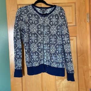 Navy tile print Lands’ End cardigan M